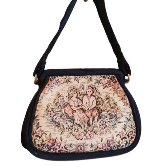 Vintage Handbags - 1950s Vintage Small Black Fabric And Tapestrty Scenic Handbag Top Handle Purse